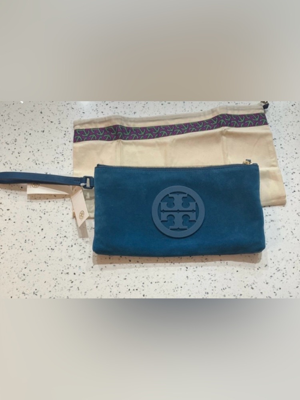 Tory Burch Teal Suede Logo Wristlet Clutch